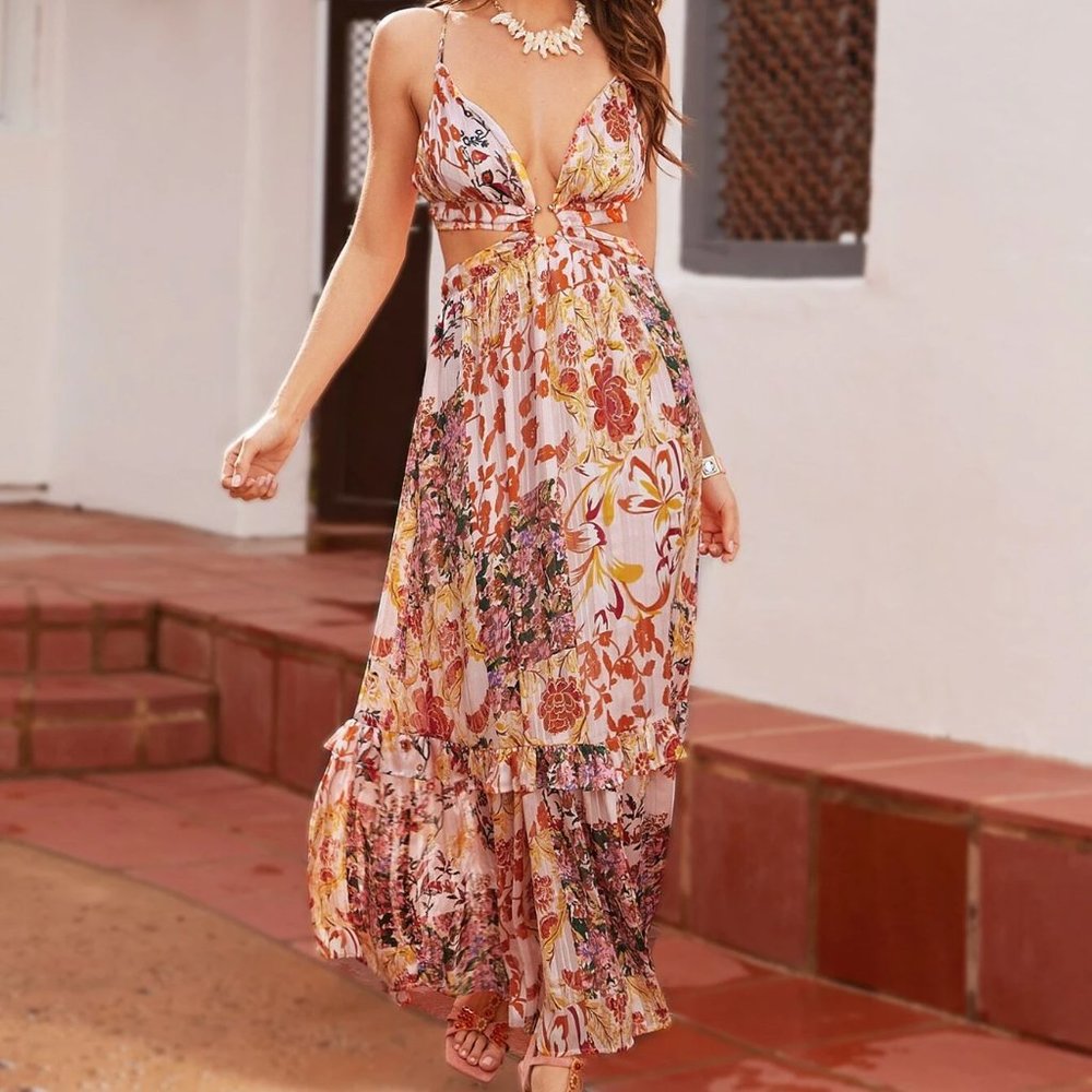 Multicolor Boho Womens Floral Print Plunging Neck Ruffle Hem Cami Dress - Picture 4 of 5